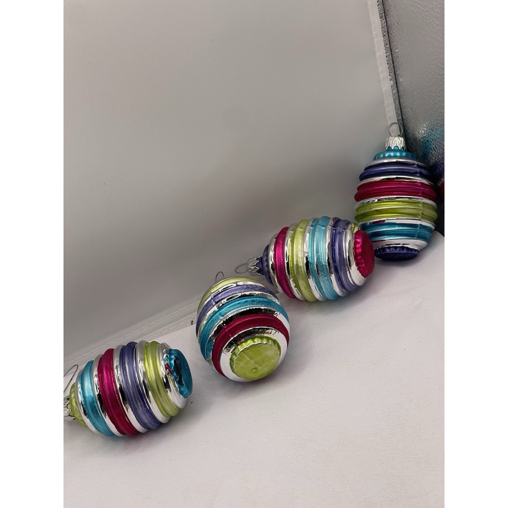 VINTAGE LOT OF 4 STRIPED GLASS / PLASTIC CHRISTMAS ORNAMENTS BALLS